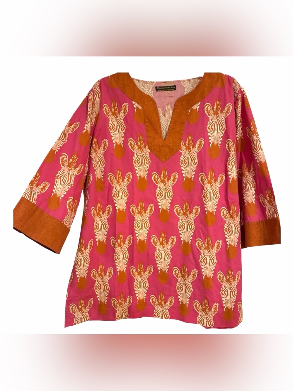 Pink Tunic Zebra Head Print Contrasting Burnt Orange Trim & Cuffs Women’s XL